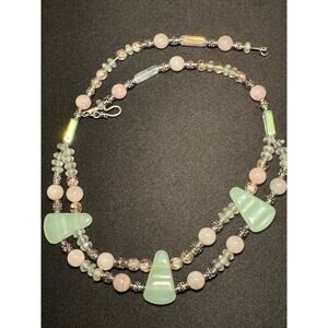 Vintage Green Jadeite & Pink Quartz Artisan Made 18in Necklace